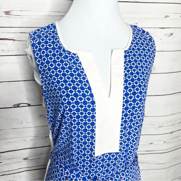 Ann Taylor Blue & White Geometric Sleeveless Belted Shift Dress Size Medium - Picture 5 of 10